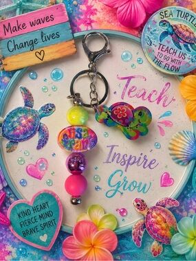 Hand Crafted Pink, Green & Yellow Sea Turtle Keychain